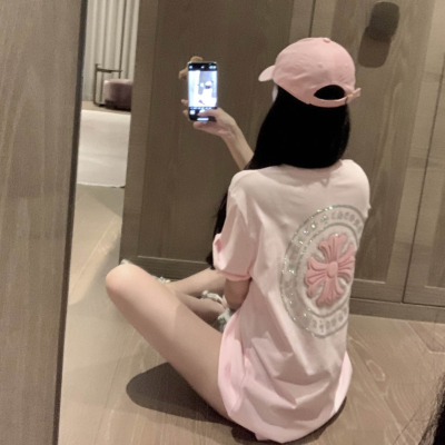 立体烫钻十字花粉色短