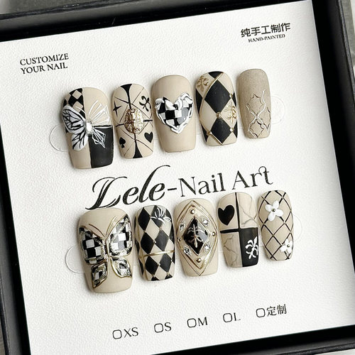 LELE【14-巴洛克黑白故事】手工穿戴甲纯手绘高级感美甲贴片