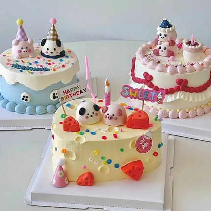 ins风奶酪蛋糕装饰卡通小动物小猪小狗摆件蜡烛HB彩旗派对帽插件