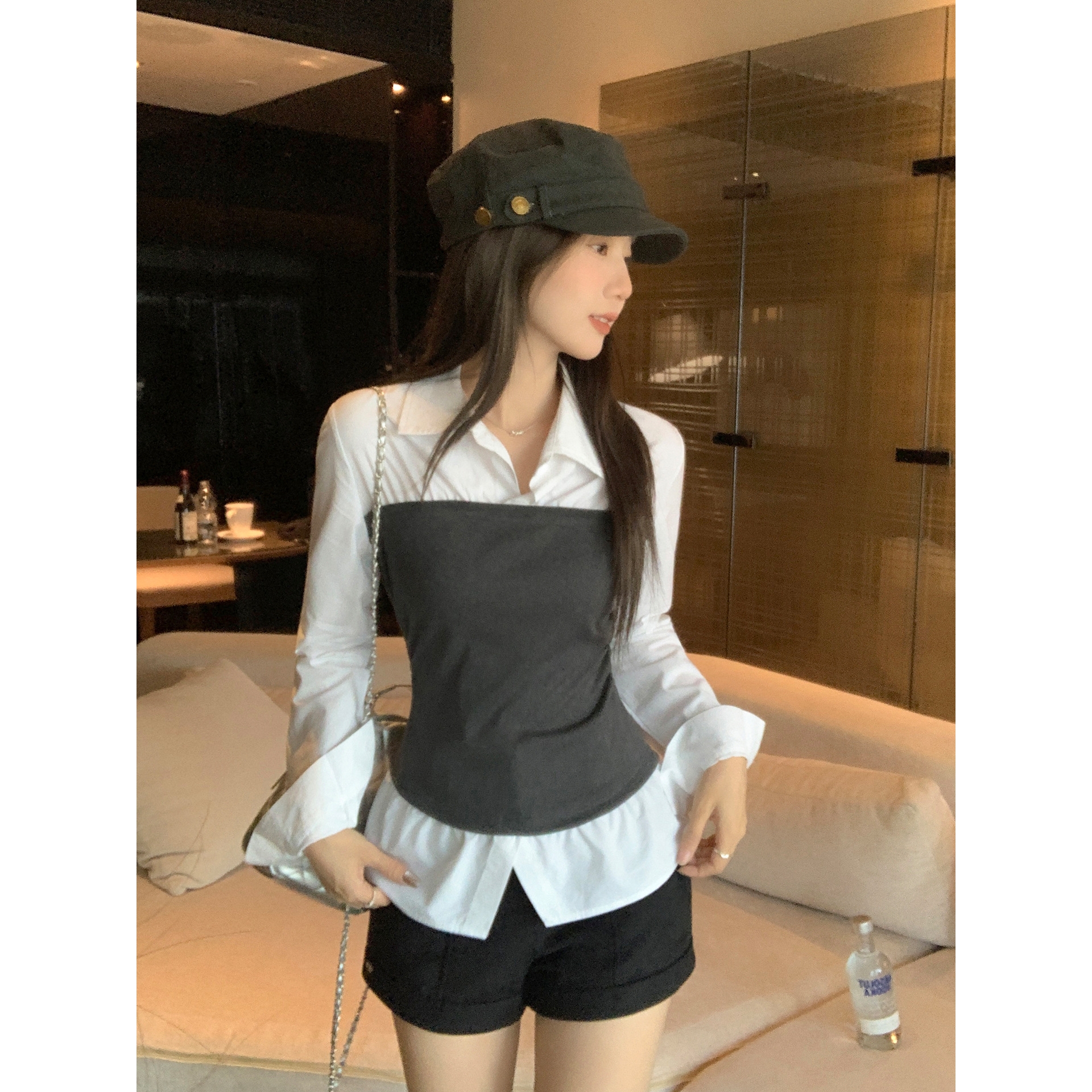 撞色POLO领拼接假两件长袖衬衫巨好看早秋穿搭设计感上衣T恤女装