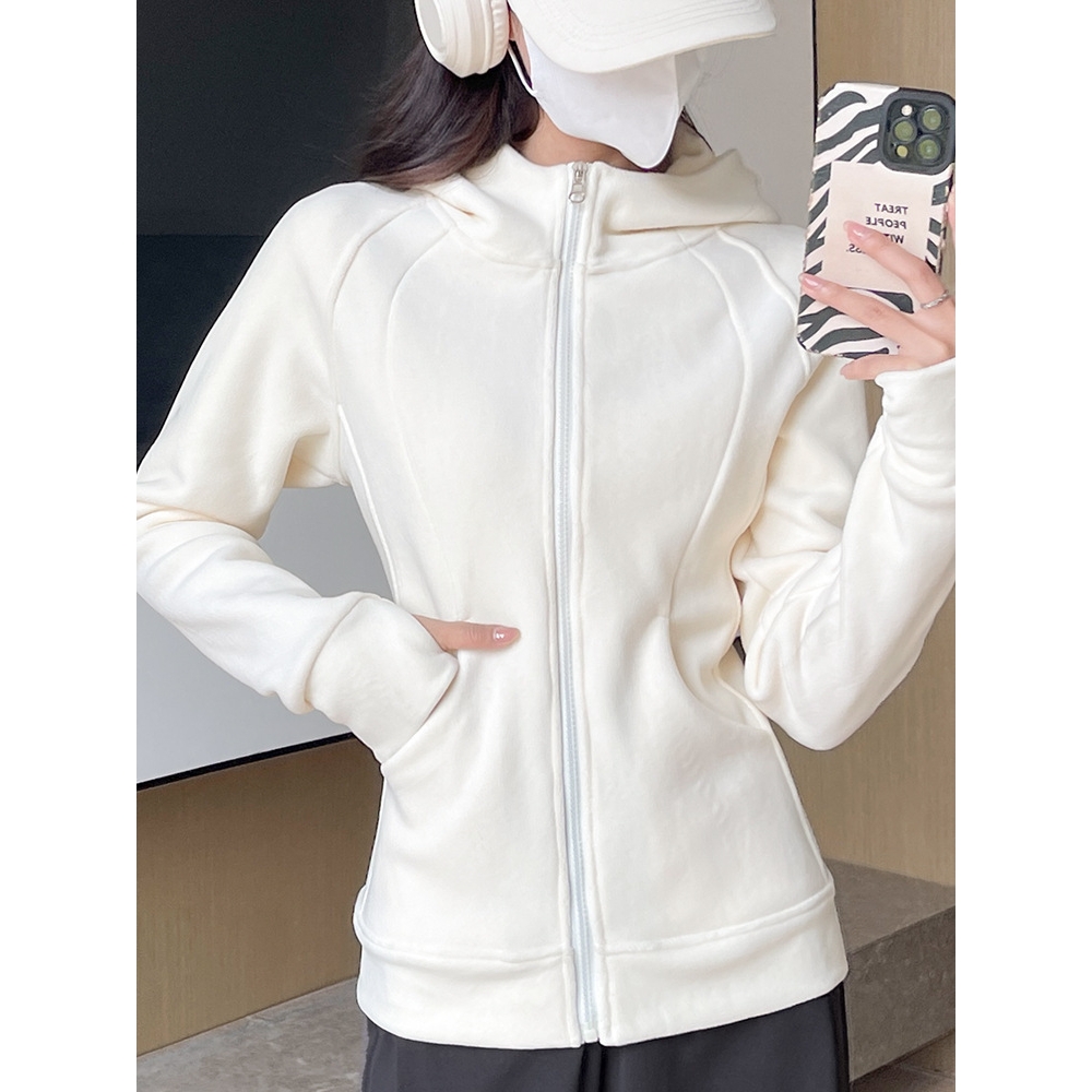 白色加绒卫衣女秋冬季2025新款修身上衣小个子连帽摇粒绒开衫外套