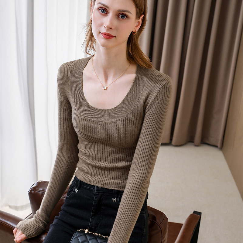 坑条针织打底衫女2025新款女装显瘦U领长袖秋冬内搭性感辣妹上衣