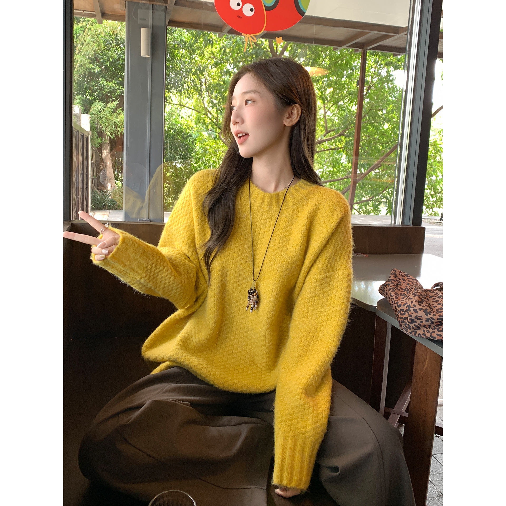 韩系圆领长袖针织打底衫毛衣内搭秋季新款毛绒衫宽松慵懒风上衣女