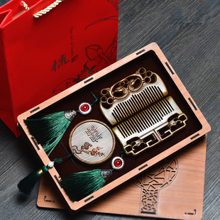 刻字结婚庆陪嫁龙凤套装 随身对梳防静电脱发嫁妆天然绿檀木梳雕花