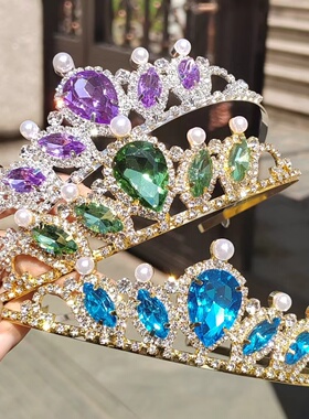 新款绿色水滴形儿童皇冠珍珠金属镶钻金色银色头饰发冠