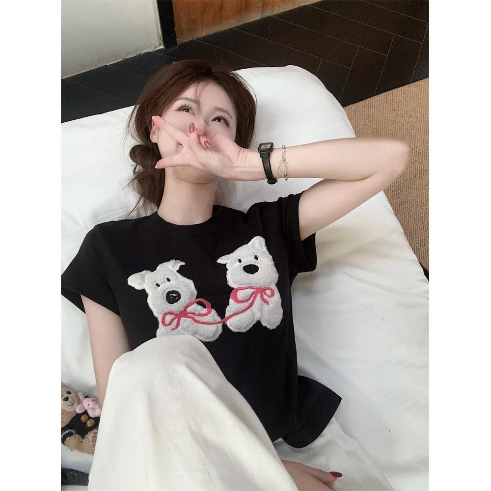 小熊刺绣圆领短袖T恤女夏季韩系甜美修身设计感黑色显瘦正肩上衣