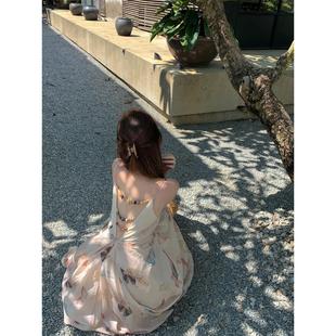 蝴蝶印花性感露背吊帶連衣裙女夏季 海邊度假長裙收腰氣質裙子 法式