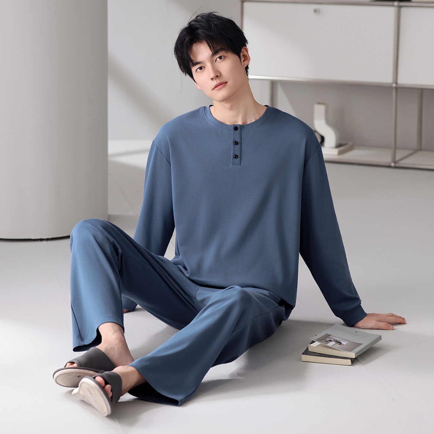 本映春秋男士睡衣纯棉圆领套头长袖宽松腰带松紧带口袋家居服套装,女士内衣/男士内衣/家居服,睡衣/家居服套装,淘宝优惠券,粉丝福利购,淘宝优惠卷