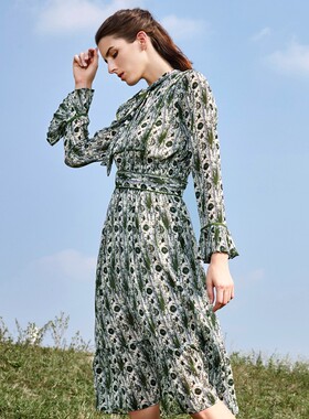 女子*huise卉色2019春款碎花雪纺长款连衣裙裙子N18C317118森女系