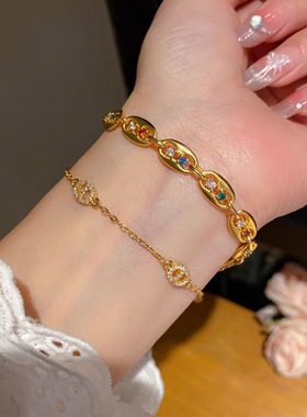 vintage中古彩色锆石猪鼻子手链复古宫廷风 手环小众高级感手饰女