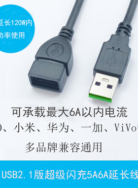 USB2.1大电流6A延长线QC/VOOC闪充/超级快充A公A母充电数据转接线