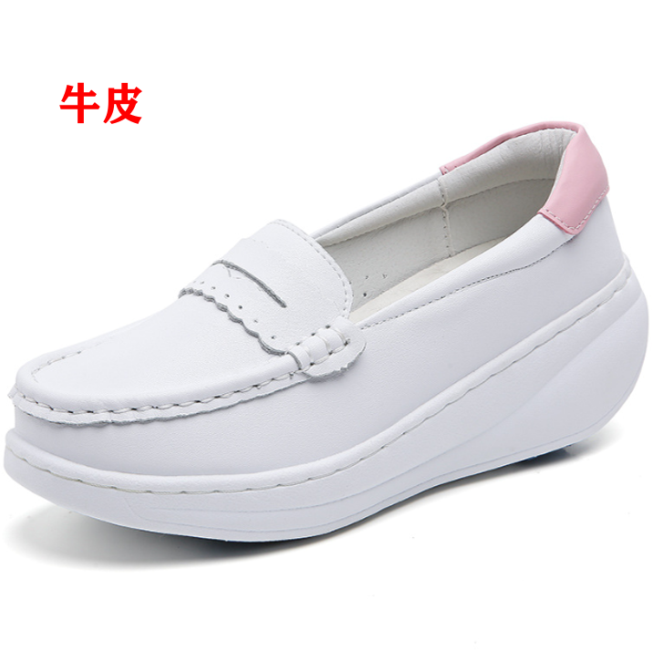2025新款时尚休闲白色护士鞋真皮女鞋防滑摇摇底不累脚厚底增高鞋
