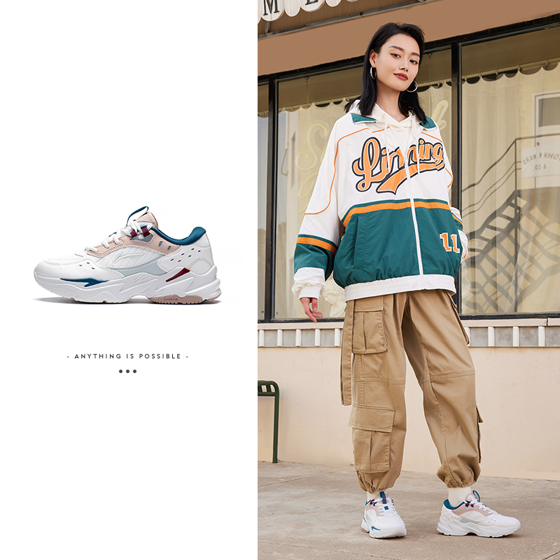 李宁轻便系带回弹女子运动老爹鞋