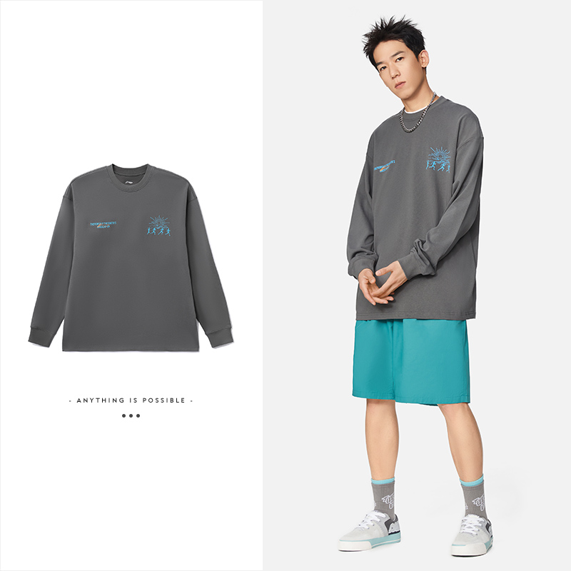 李宁潮流男子长袖文化衫圆领宽松