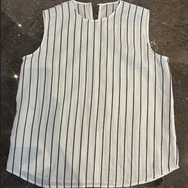 ‘都市游牧族’色织亚麻圆领无袖彩点条纹背心上衣