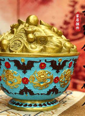 彩绘铜一碗金 铜金饭碗 黄铜一碗金聚宝盆家居摆件