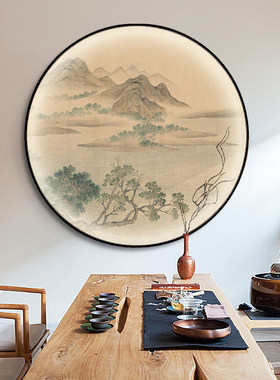 湖光山色圆形新中式风墙上挂画