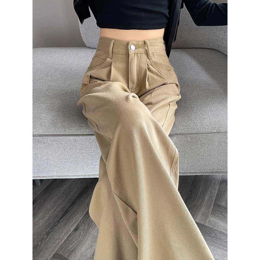 卡其色阔腿牛仔裤女夏季2025新款梨型身材高腰宽松休闲窄版直筒裤