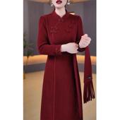 Ocnltiy加厚连衣裙女秋冬高端气质喜婆婆婚宴旗袍围巾两件套裙子