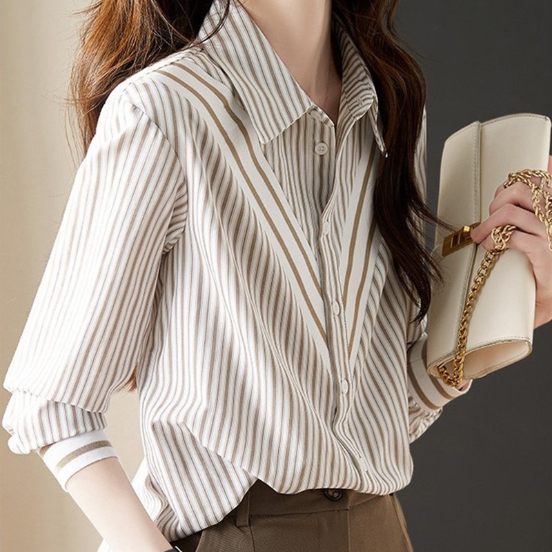 JOLIMENT长袖条纹衬衫女设计感小众2025春秋新款气质减龄咖色上衣