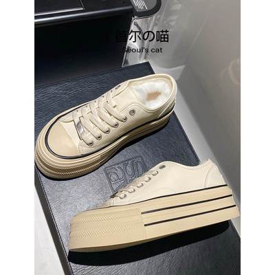 真皮厚底帆布鞋女冬季加绒头层牛皮松糕鞋毛毛板鞋休闲百搭小白鞋