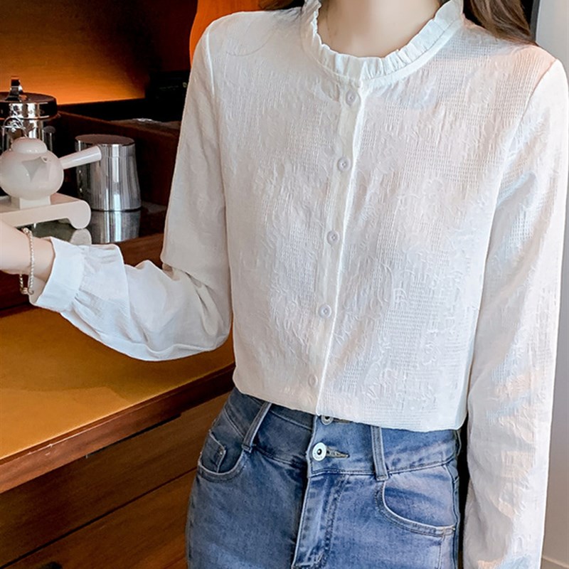 衬衫女春秋2025年新款时尚减龄提花女洋气全棉木耳领长袖上衣