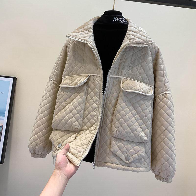 韩国小香风羽绒棉服外套女2022秋冬新款菱格立领口袋轻薄短款棉衣