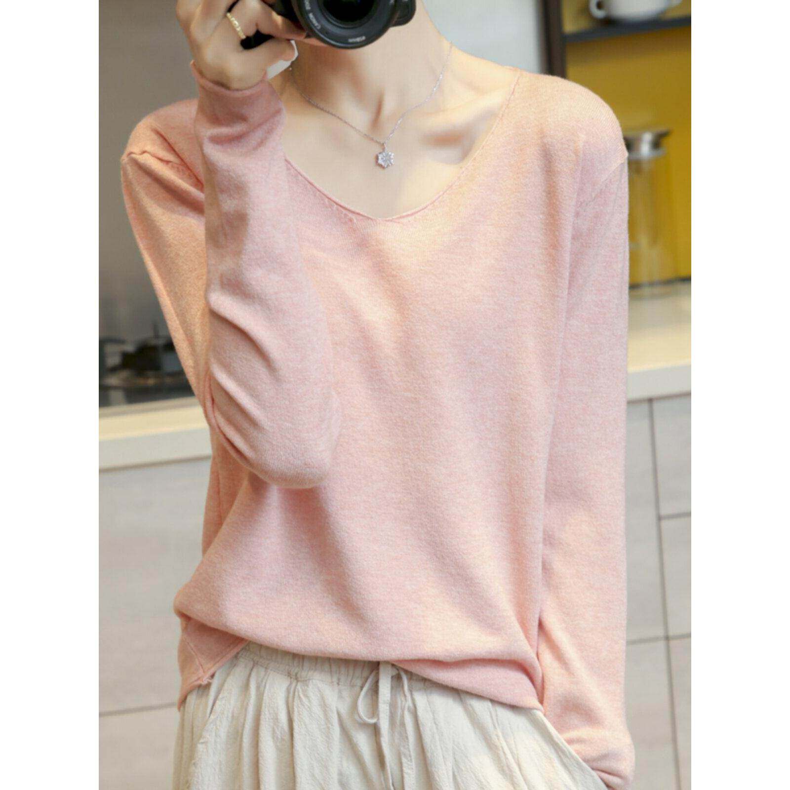 韩国v领2025春秋薄款毛衣女宽松韩版针织低领内搭打底衫长袖毛衫