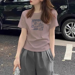 专柜商场撤回国际大牌夏季 T恤显瘦纯棉上衣 韩国女装 正肩紫色短袖