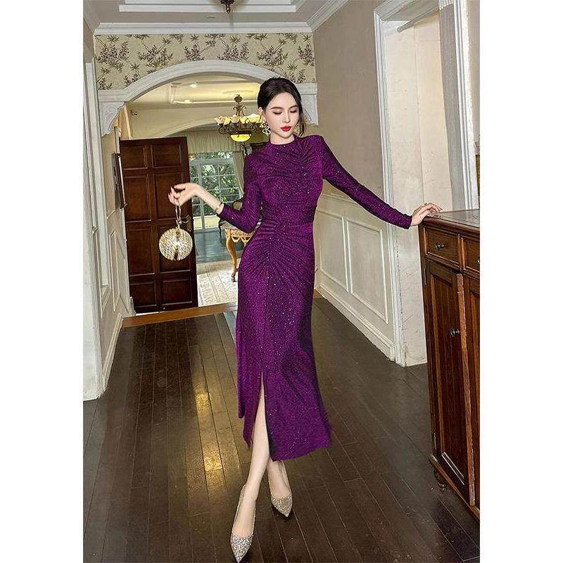 Ocnltiy紫色亮丝连衣裙女秋装新款高级感小众气质褶皱鱼尾晚礼服,服饰配件/皮带/帽子/围巾,袖扣,淘宝优惠券,粉丝福利购,淘宝优惠卷