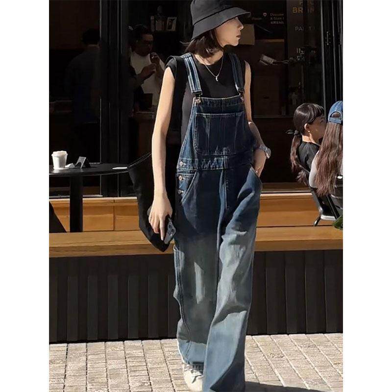 覆古牛仔背带裤女秋季新款韩版宽松显瘦直筒裤休闲减龄工装阔腿裤