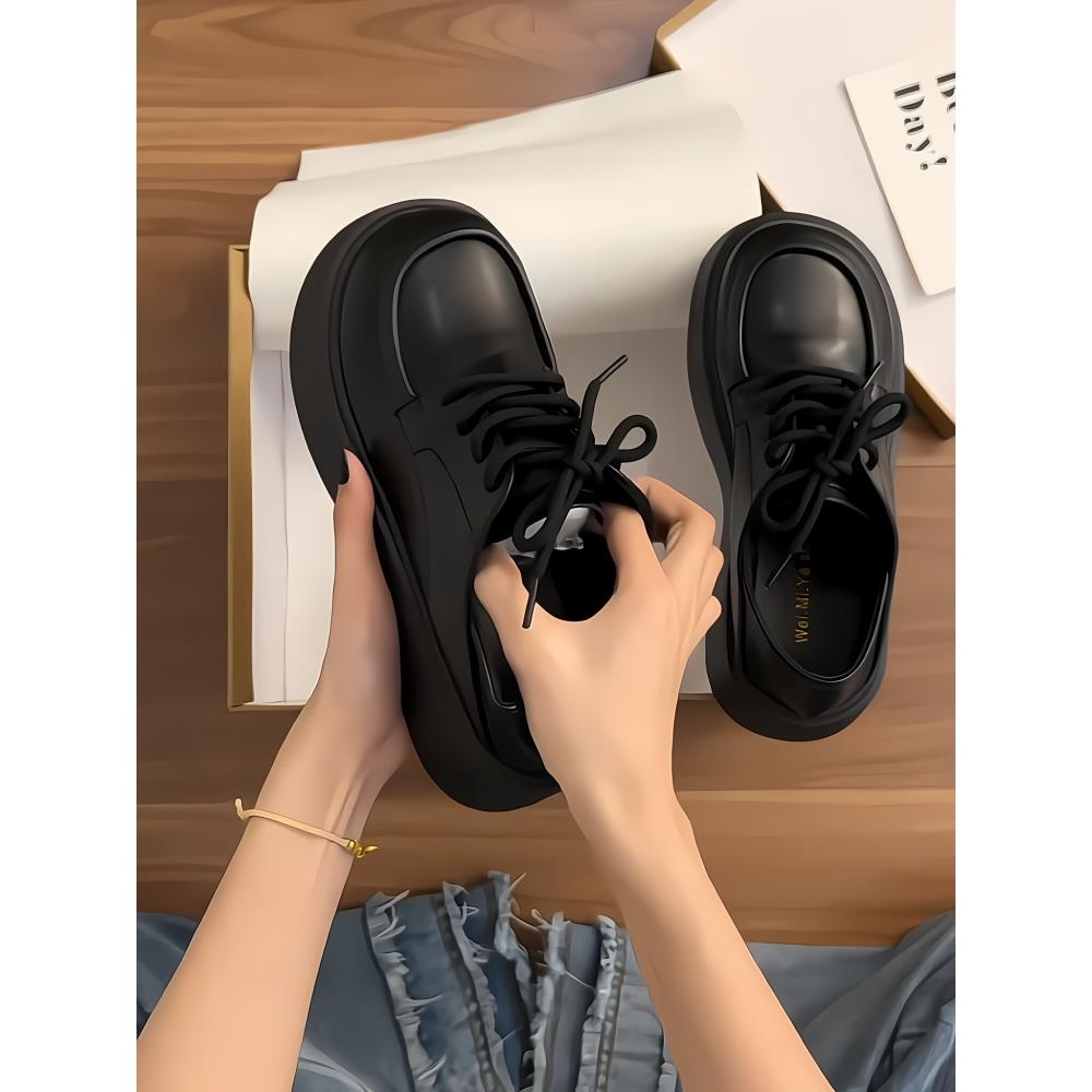 专柜黑色英伦风小皮鞋女2025年秋季圆头厚底系带乐福鞋单鞋配裙子