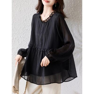 时尚气质黑色提花长袖小衫女2025年秋季新款宽松遮肉显瘦透气上衣