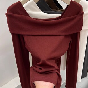 长袖打底衫女春秋薄款2025新款方领露背洋气时尚内搭红色上衣t恤