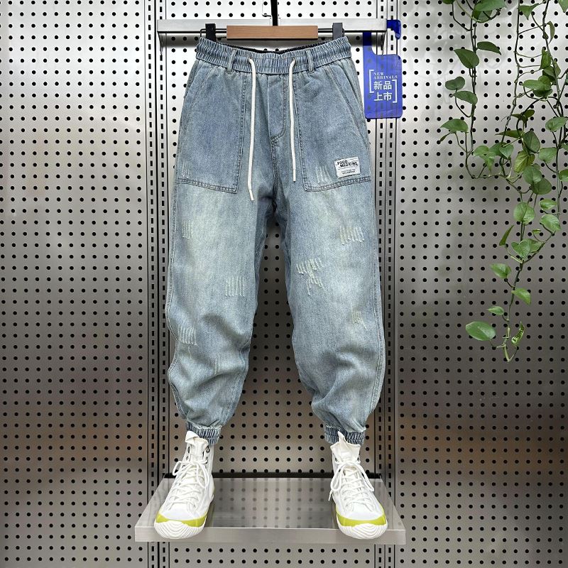 MAROLIO~适合各种身材!高级感水洗松紧腰牛仔裤男宽松束脚哈伦裤