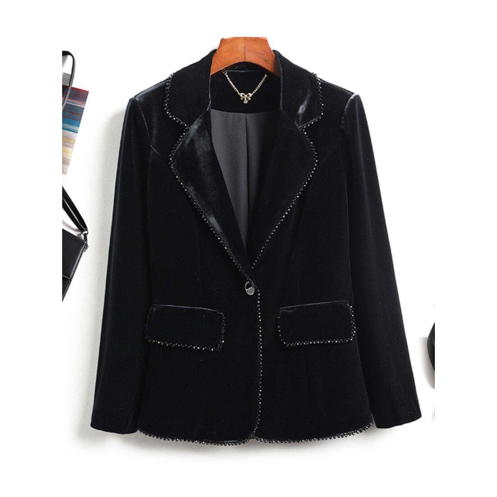 高级感钉珠黑色西装通勤气质修身显瘦金丝绒小西服外套女秋冬新款