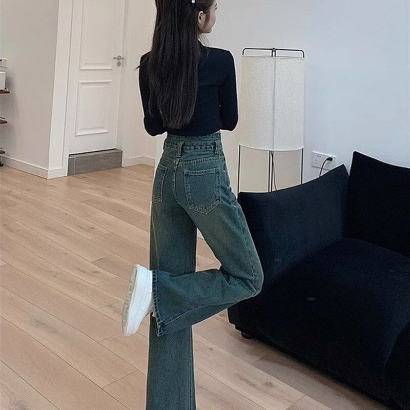 覆古窄版微喇牛仔裤女2025春秋高腰显瘦宽松小个子垂感时尚阔腿裤