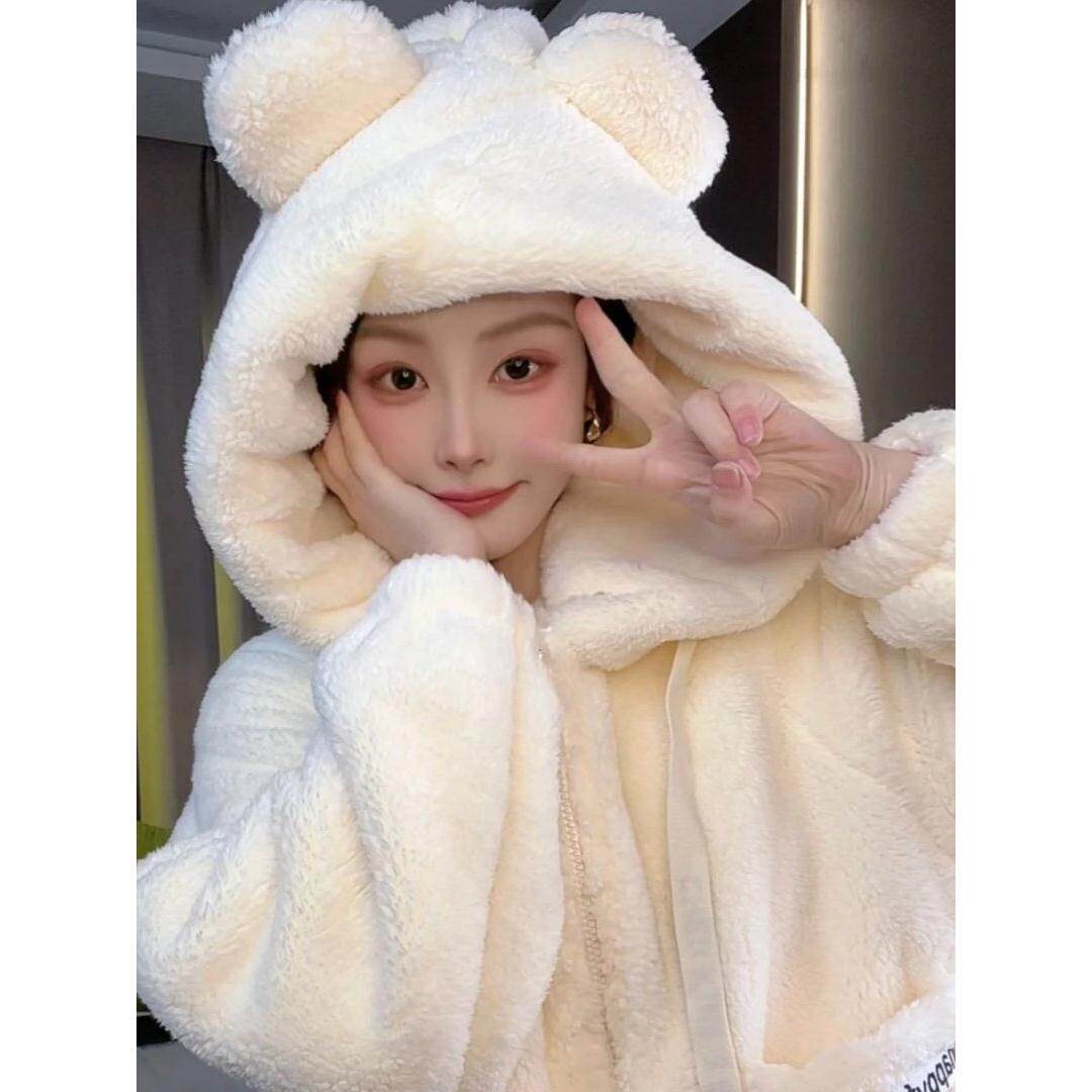 韩版巨好看小熊连帽大口袋睡衣女冬季加绒加厚超保暖可外穿家居服