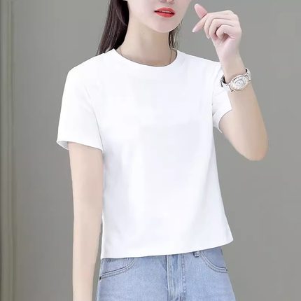 纯色减龄短款t恤女夏季新款纯棉宽松小个子白色圆领短袖打底上衣