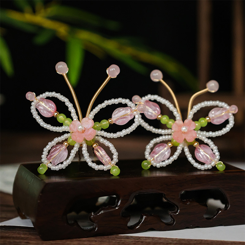 郁金香蝴蝶发钗清新点缀小钗头饰掩鬓发簪u型新中式古风汉服配饰