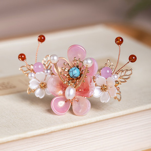 簪娘古风汉服头饰粉色琉璃花朵小发冠中国风超仙少女发饰顶簪发钗