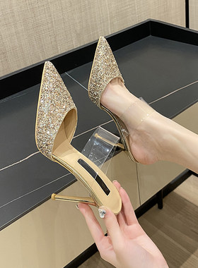 金色亮片细跟性感包头拖外穿凉鞋