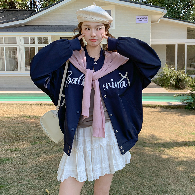 藏青色学院风字母棒球服外套女2025春秋新款韩版减龄休闲夹克上衣,女装短外套,2C309