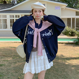 藏青色学院风字母棒球服外套女2025春秋新款韩版减龄休闲夹克上衣，女装短外套，2C309
