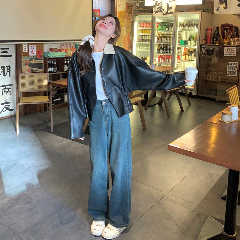 黑色复古设计感皮衣外套女2025年秋季新款韩系休闲小个子PU皮夹克,女装皮衣,2C309