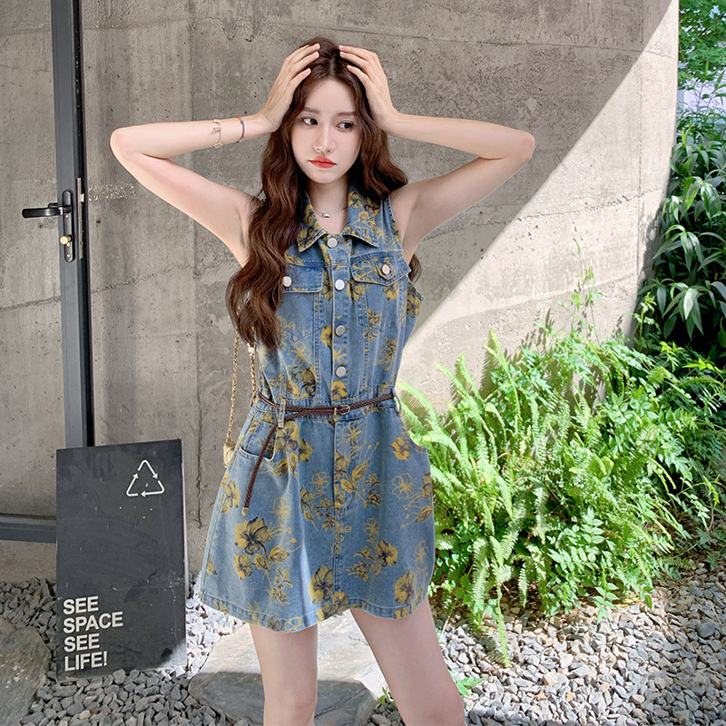 碎花牛仔连衣裙送腰带2C011-2577-P135-K198图片