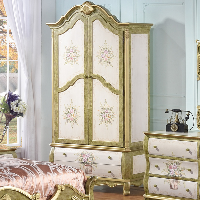 美式复古主卧四门大衣柜地中海彩绘双门柜田园小户型2门儿童衣柜