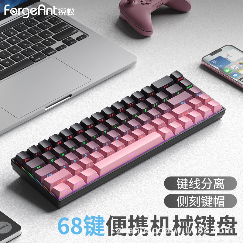 锐蚁F68有线机械键盘68键小型式游戏办公外接笔记本电脑茶轴