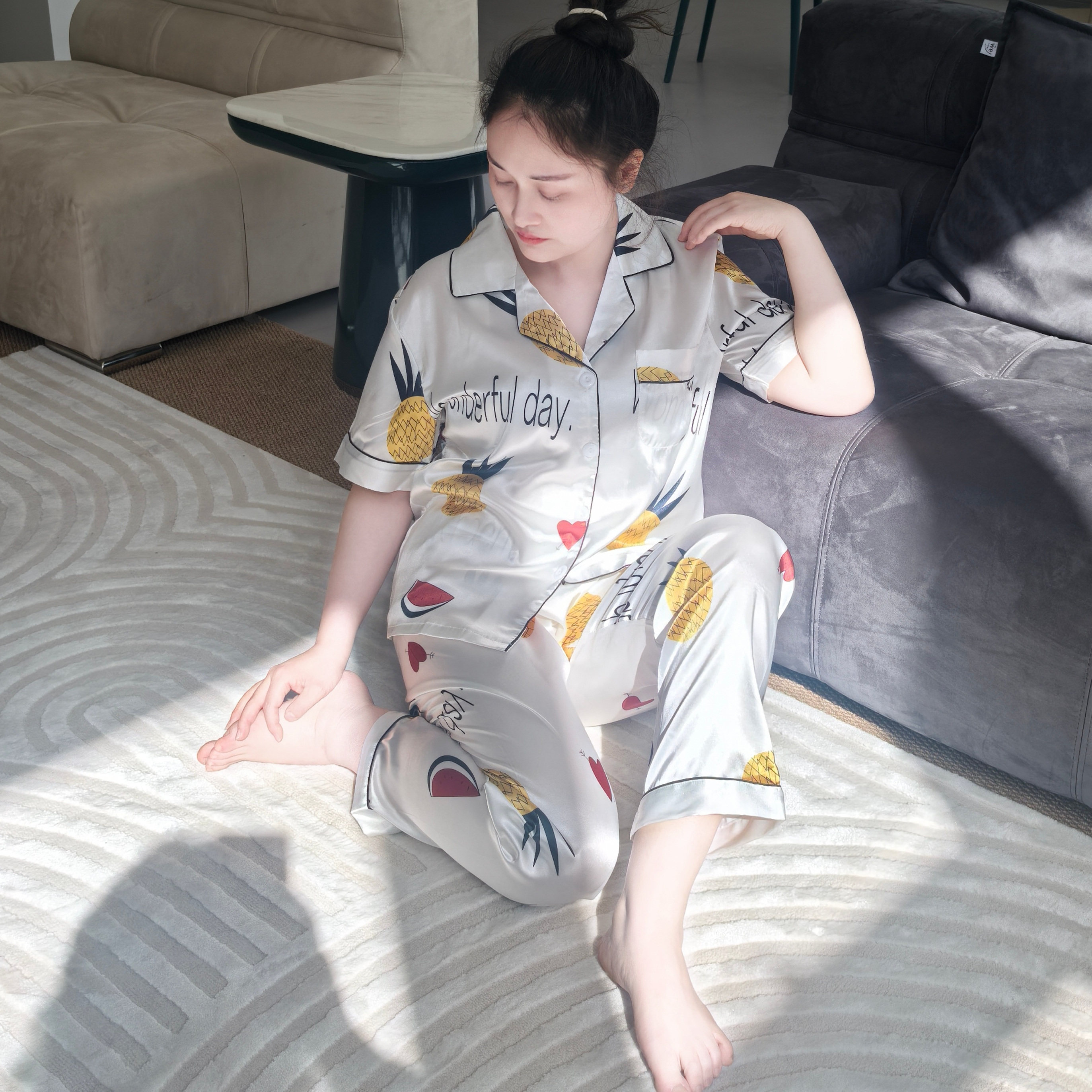 三禾睡衣春夏菠萝西瓜缎面短袖长裤牛奶丝冰丝家居服两件套夏薄款