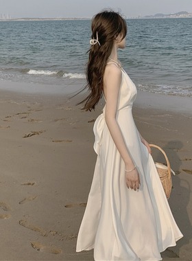 双层有里布不透夏天白色V领气质款吊带连衣裙女中长款度假裙